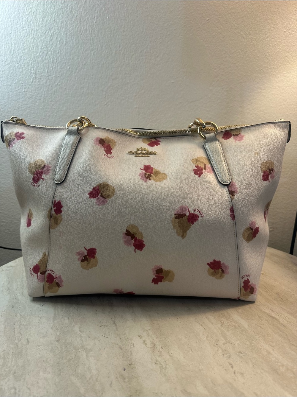 Coach White Floral Print Leather Tote with Pink and Tan Accents - Picture 3 of 12